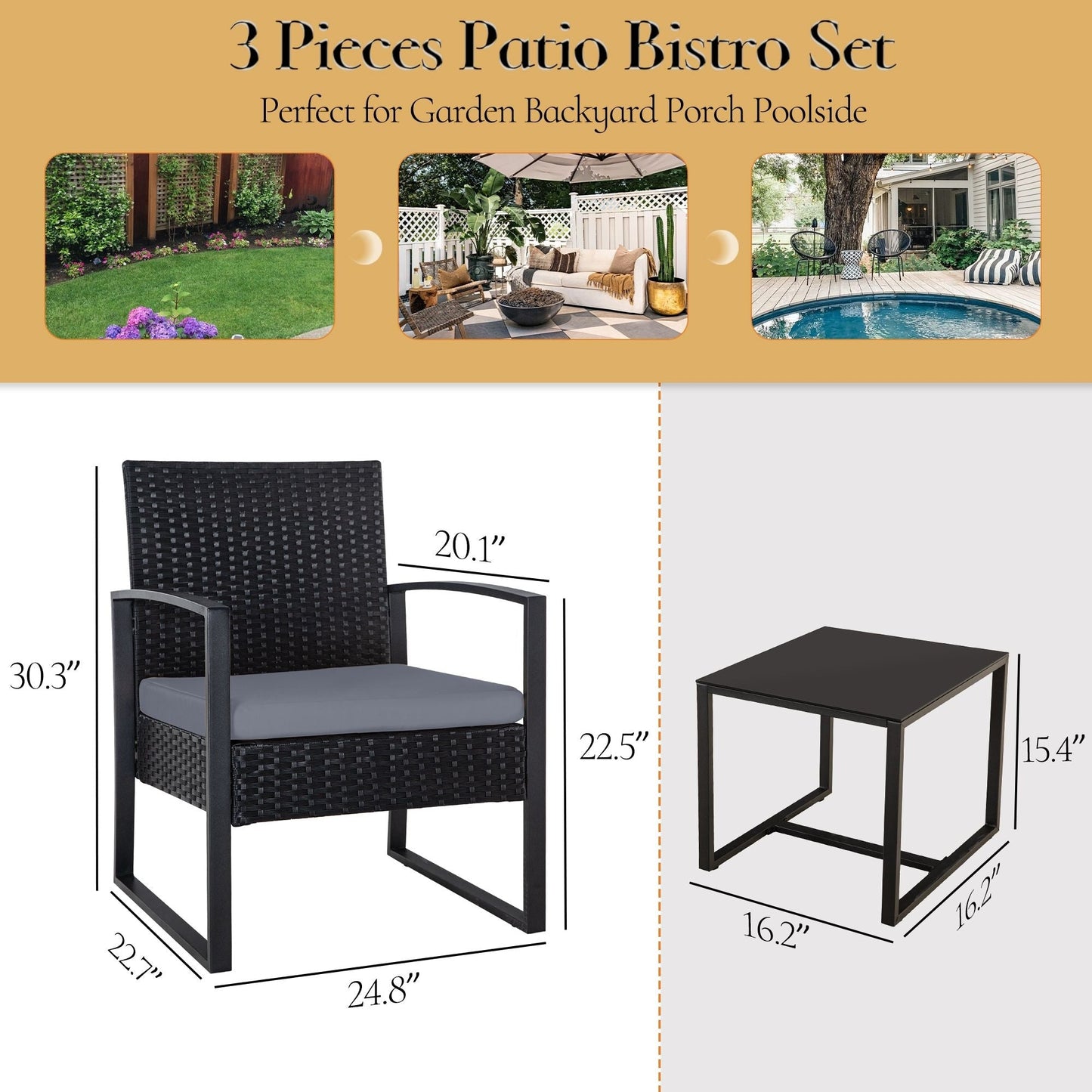 Set da giardino Zenova da 3 pezzi, tavolo e sedie in vimini, set da 2, mobili da balcone in rattan resistenti alle intemperie