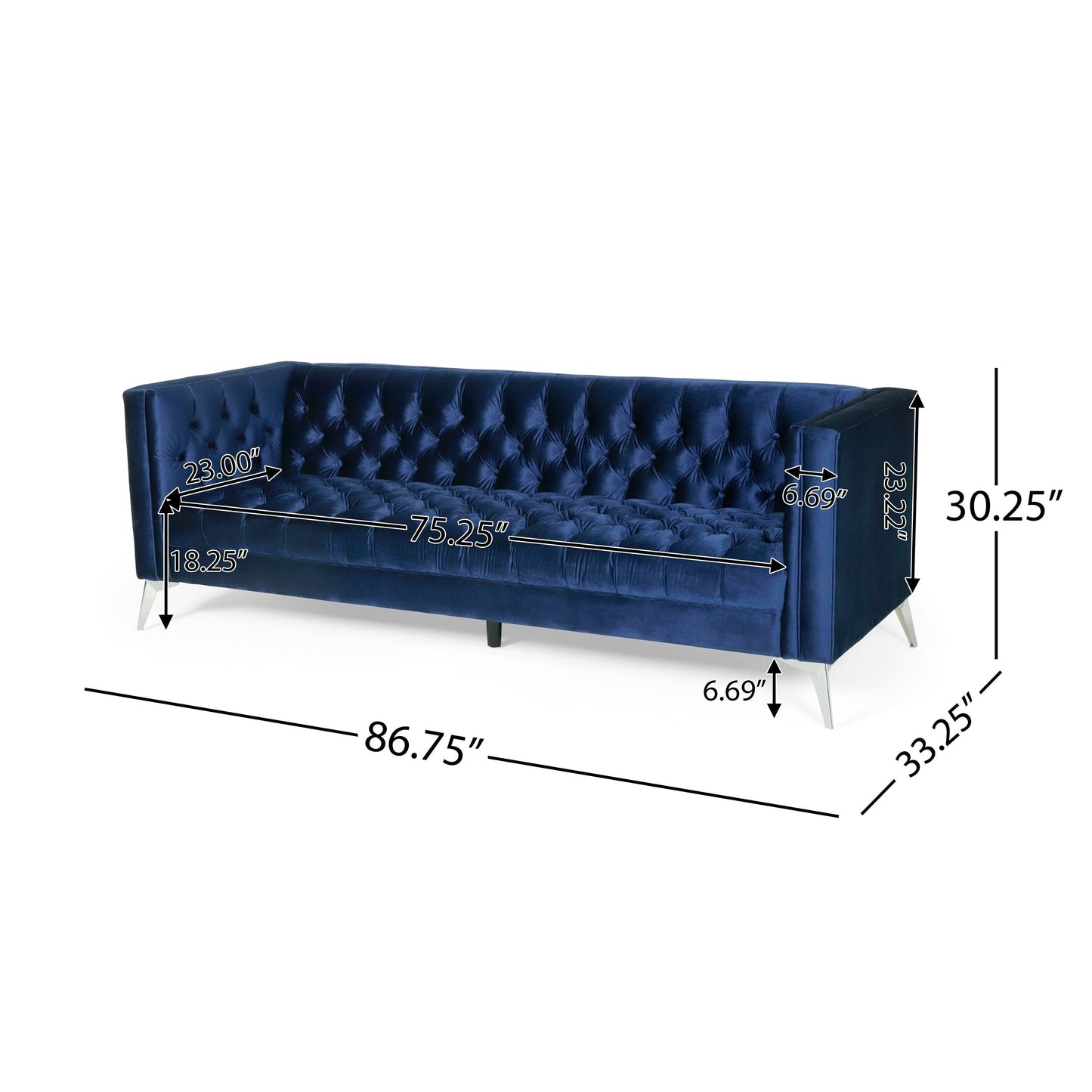 Divano Zexy, 3 posti Chesterfield con braccioli trapuntati, velluto blu