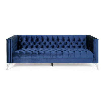 Divano Zexy, 3 posti Chesterfield con braccioli trapuntati, velluto blu