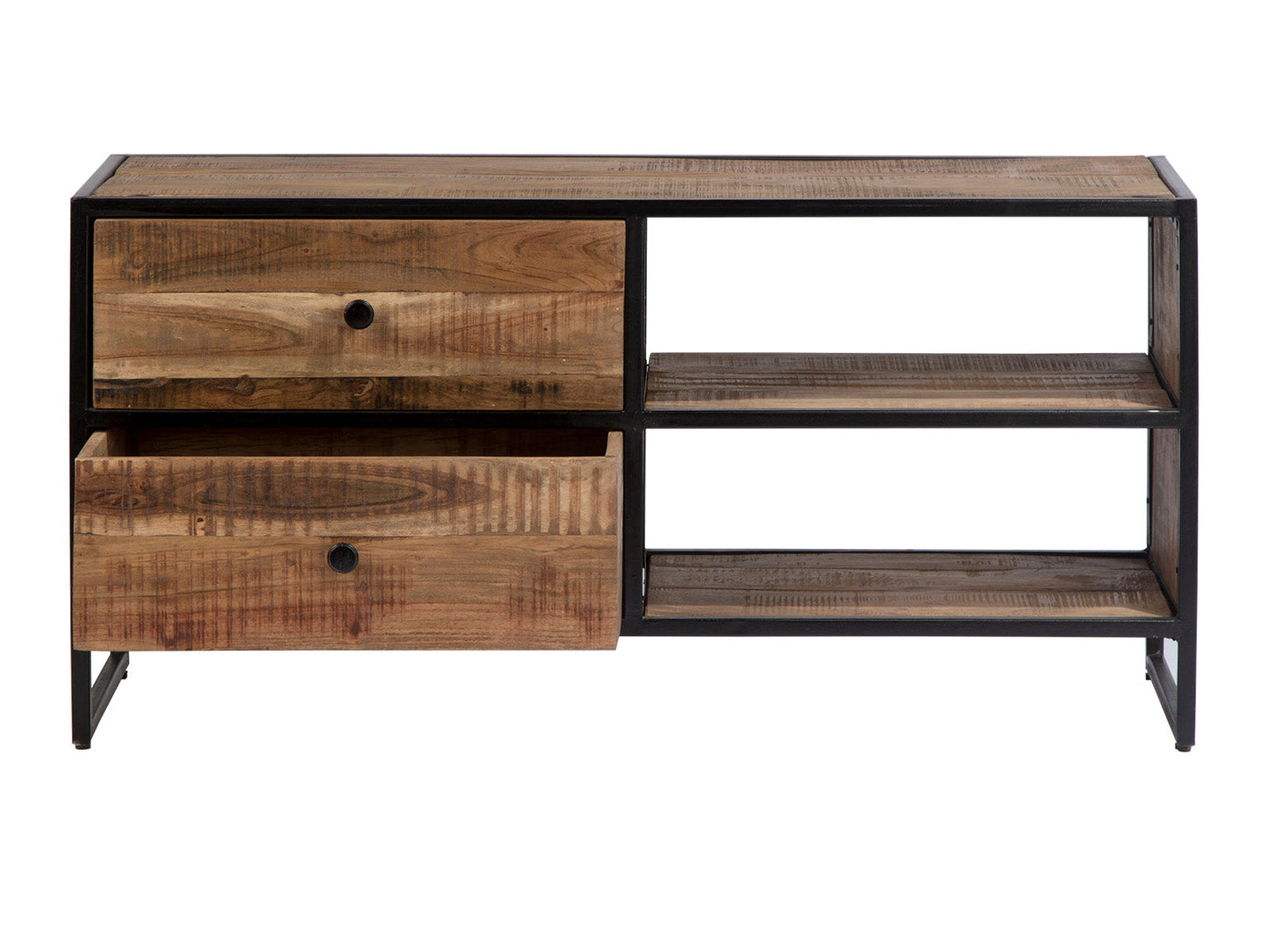 Sawyer-porta tv doppio ripiano e 2 cassetti in legno e metallo