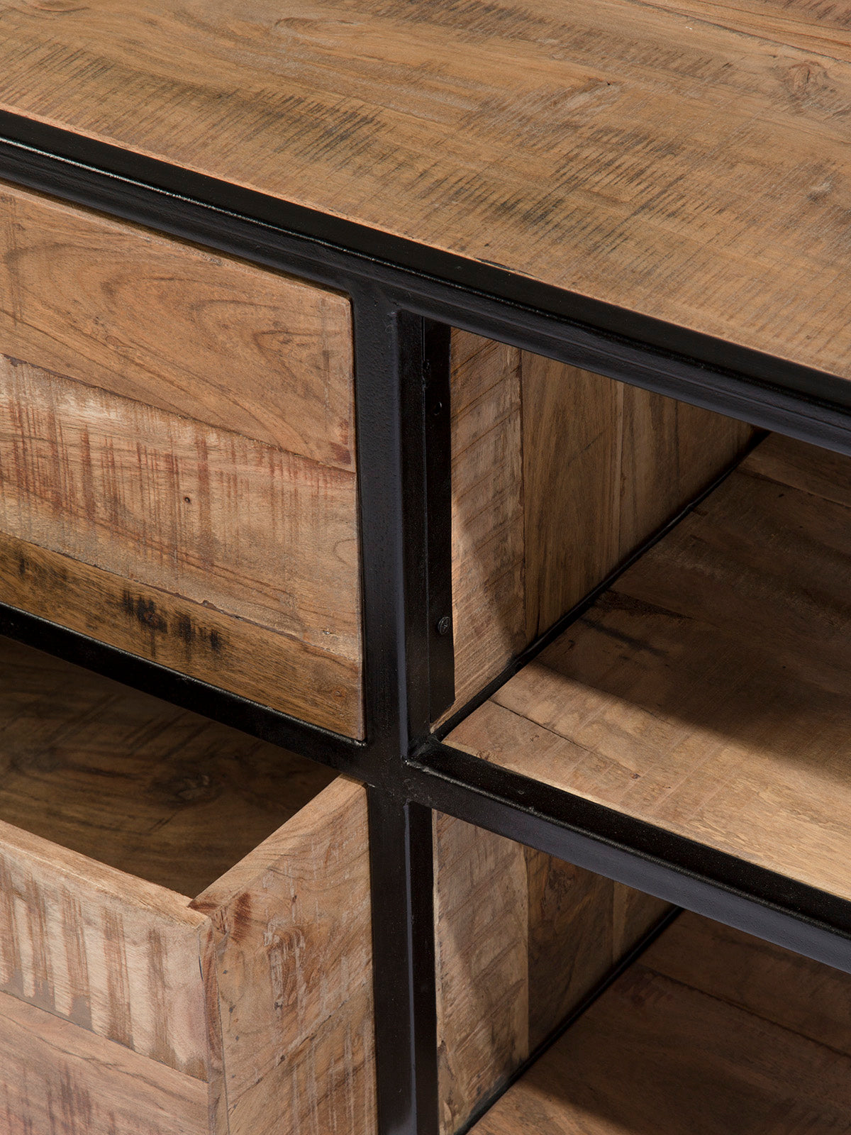 Sawyer-porta tv doppio ripiano e 2 cassetti in legno e metallo