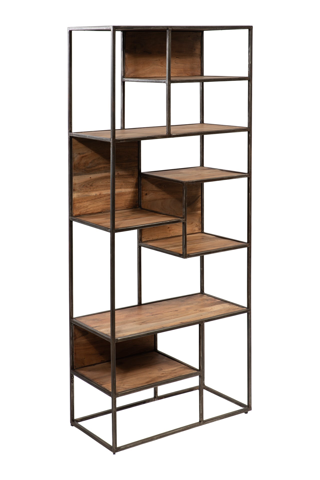 Libreria con mensole sfalsate in legno e metallo