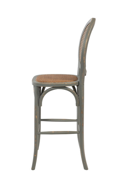 Sgabello alto grigio in legno e paglia di vienna