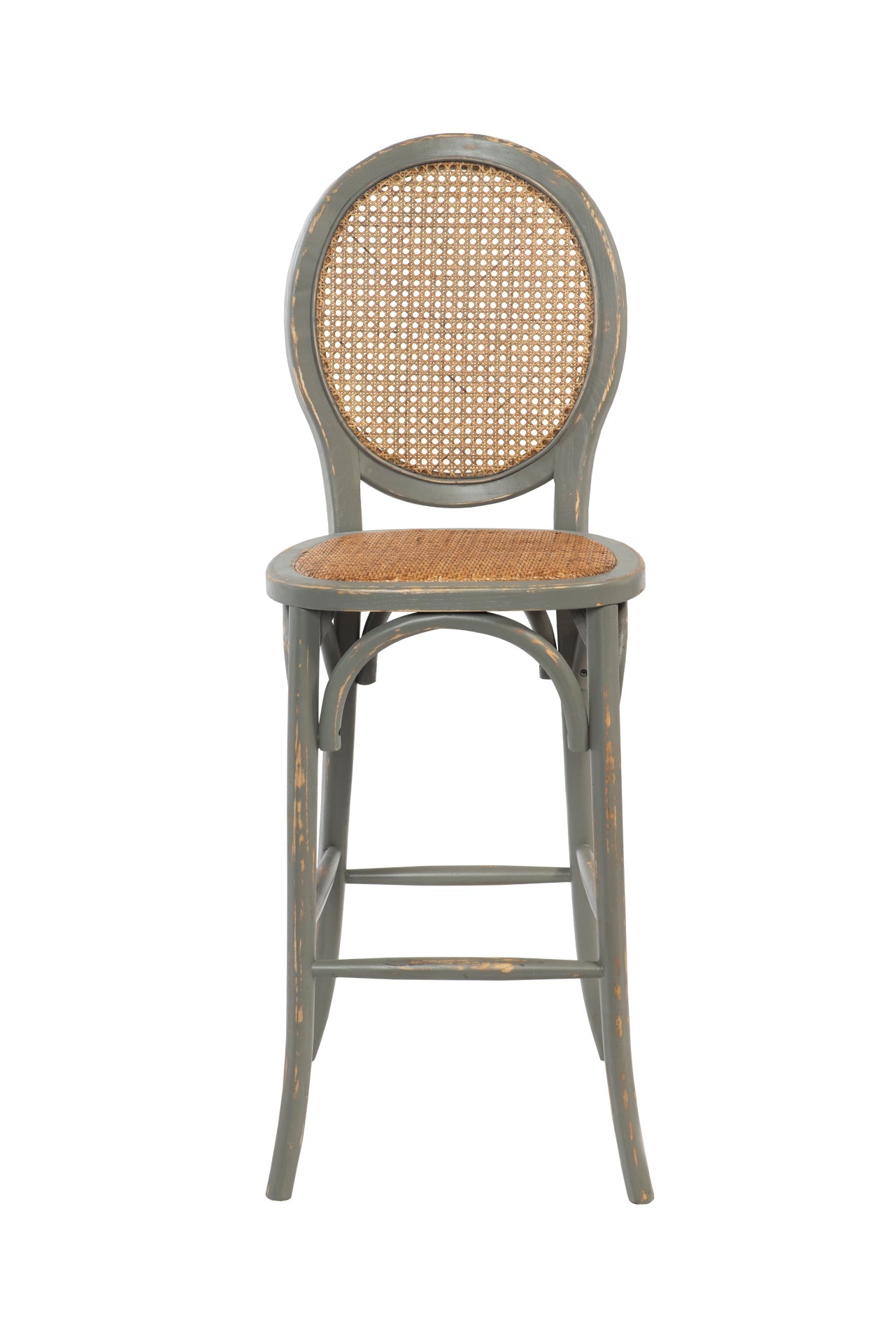 Sgabello alto grigio in legno e paglia di vienna