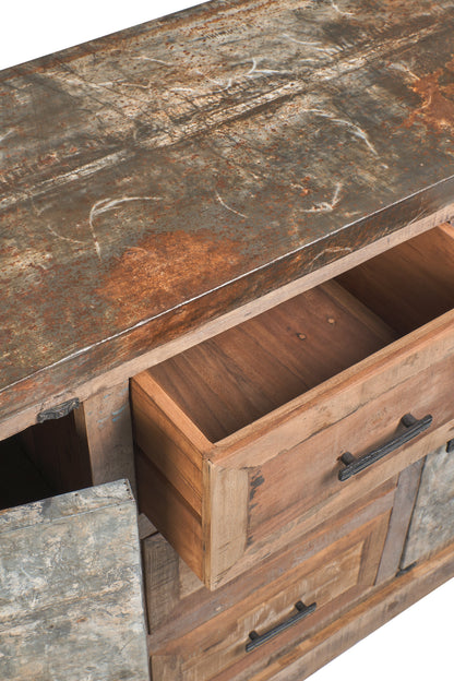 Credenza 2 sportelli metallo e 3 cassetti legno riciclato