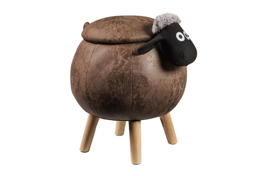 Pouf imbottito finta pelle,legno - pecorella c/contenito