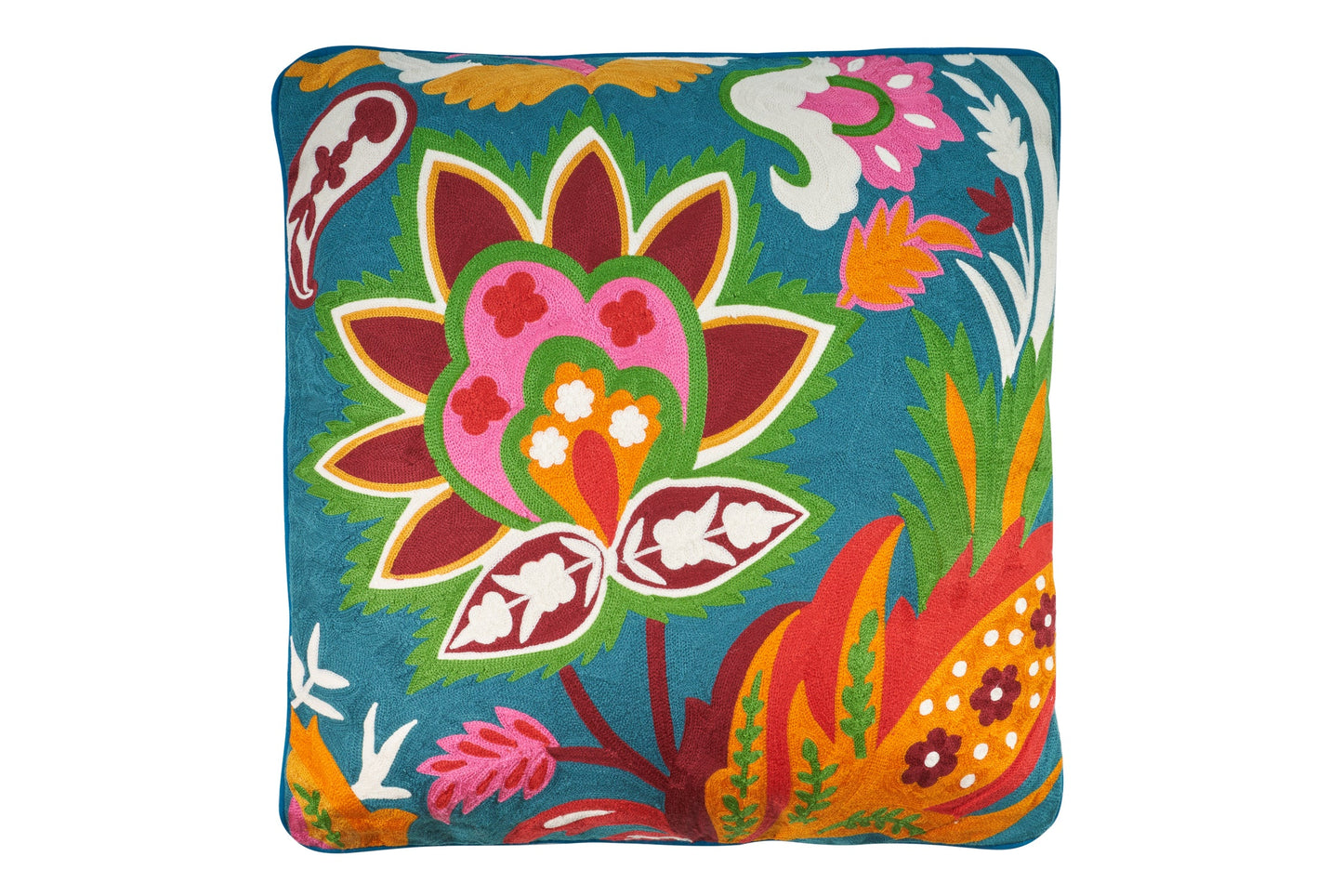 Cuscini fiori colorati fondo blu lavorati a mano c/interno