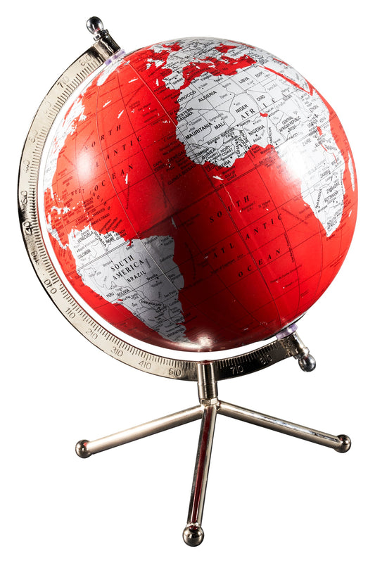 Mappamondo - globo rosso base tre piedi colore acciaio