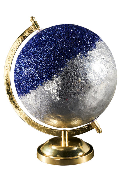 Mappamondo - globo glitter blu argento base metallo dorato