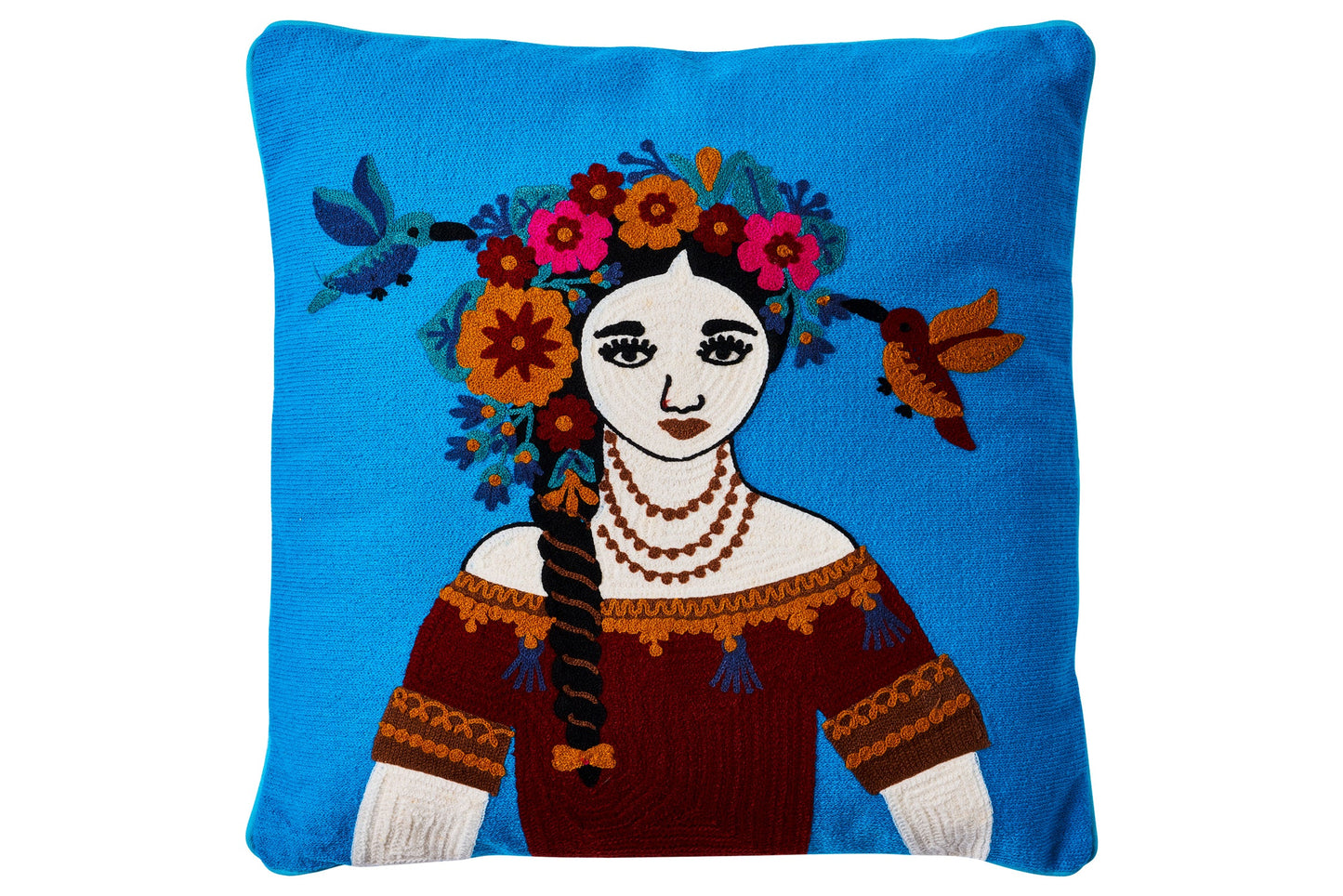 Ricamo - cuscino blu arte popolare donna con ghirlanda e uccelli