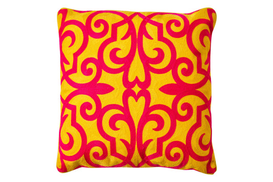 Ricamo - cuscino damascato giallo fucsia