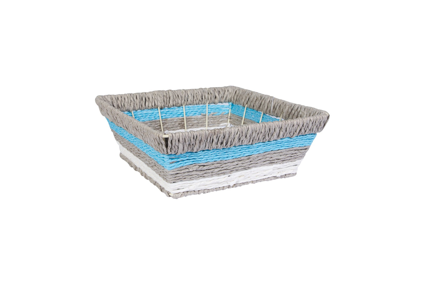 Cestino quadrato intrecciato strisce - grigio, bianco, celeste