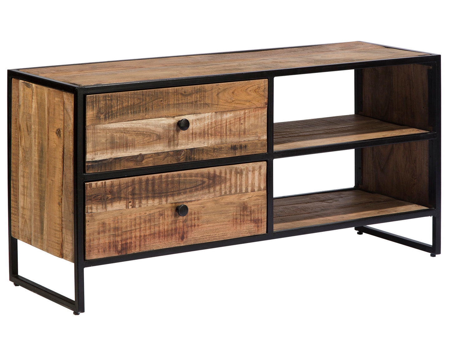 Sawyer-porta tv doppio ripiano e 2 cassetti in legno e metallo