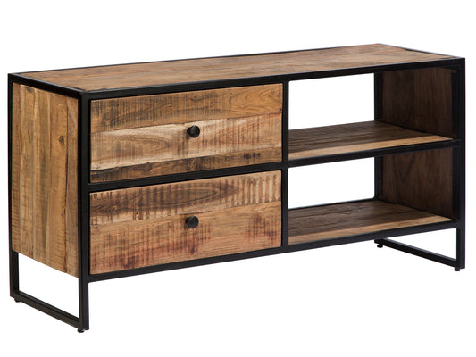 Sawyer-porta tv doppio ripiano e 2 cassetti in legno e metallo