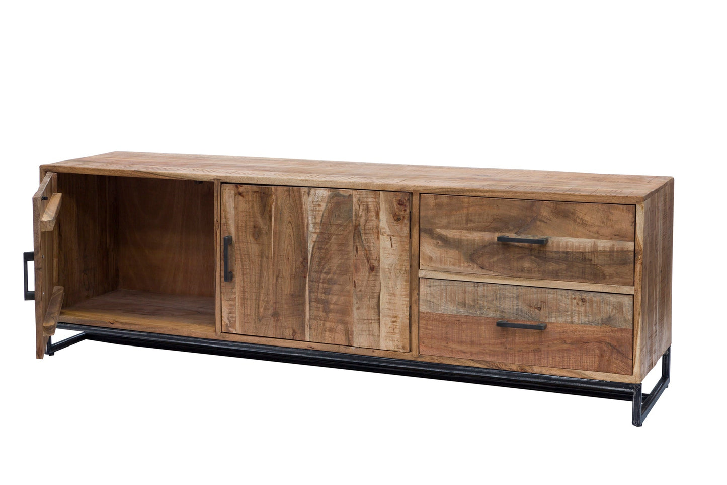 Credenza 2 cassetti e sportelli in legno naturale e metallo