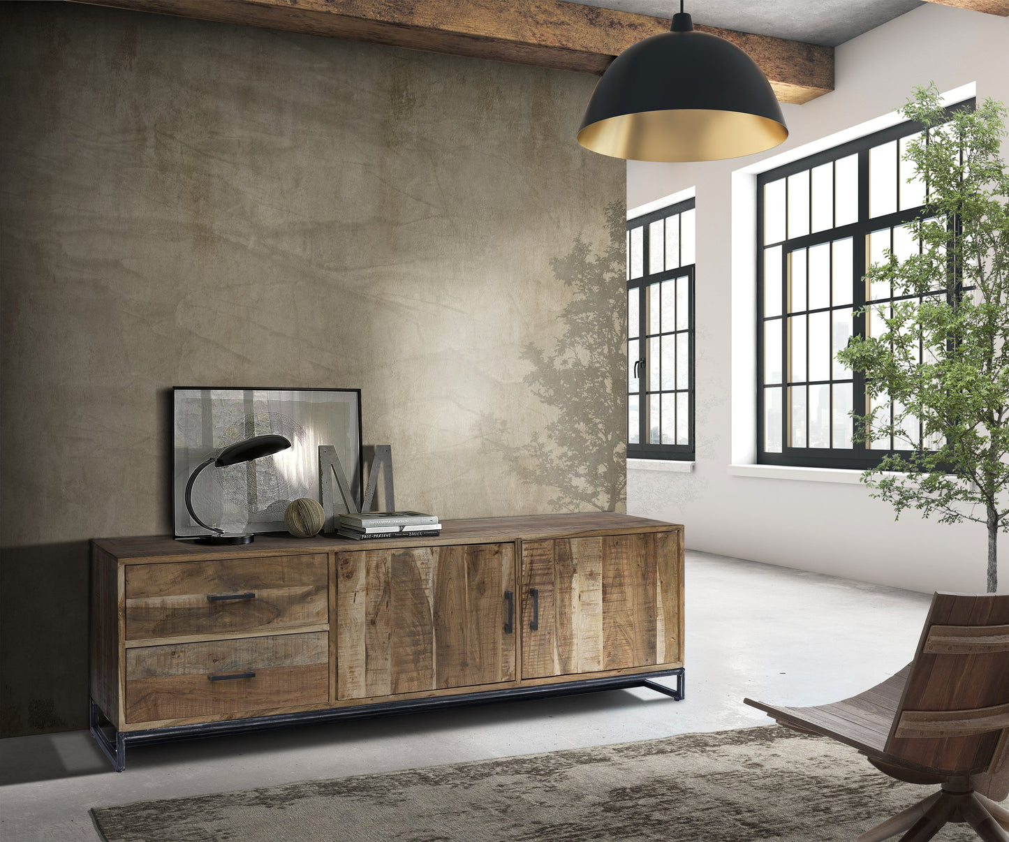 Credenza 2 cassetti e sportelli in legno naturale e metallo