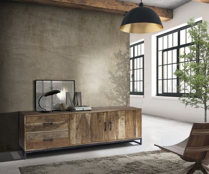 Credenza 2 cassetti e sportelli in legno naturale e metallo