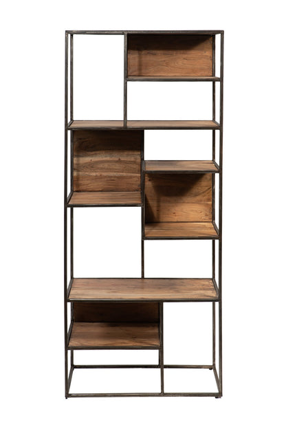 Libreria con mensole sfalsate in legno e metallo