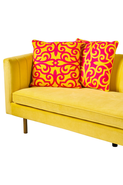 Ricamo - cuscino damascato giallo fucsia