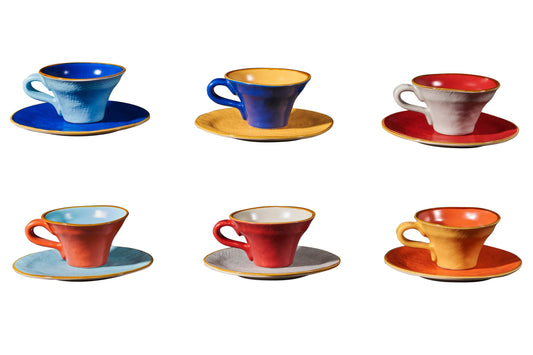 Mediterraneo - Tazzina Svasata Caffè con Piattino - 6 Colori Assortiti