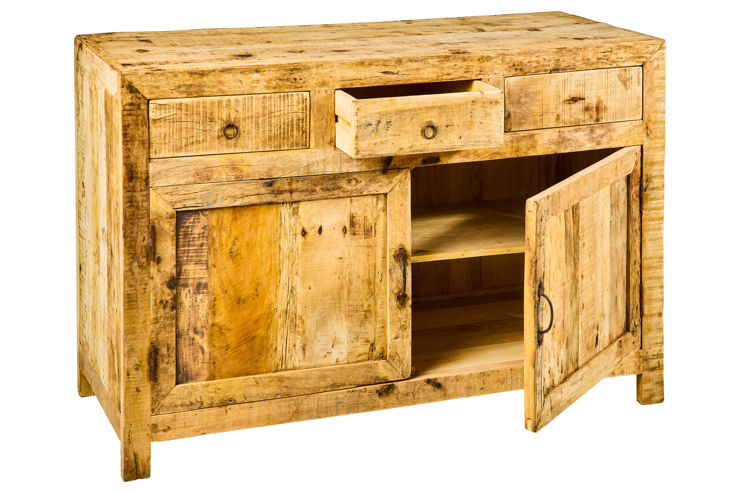 Linea Sbiancato - Credenza 3 Cassetti 2 Sportelli in Legno Riciclato
