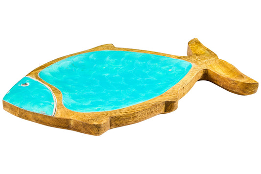 Servizio - Vassoietto Forma Pesce Legno Smalto Turquese Eff.Capiz