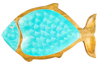 Servizio - Vassoietto Forma Pesce Legno Smalto Turquese Eff.Capiz