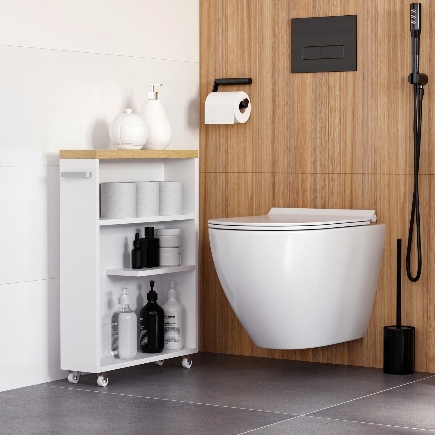 kleankin Mobiletto da bagno sottile con ruote girevoli, organizer portaoggetti e ripiani in legno per adattarsi a piccoli spazi, bianco
