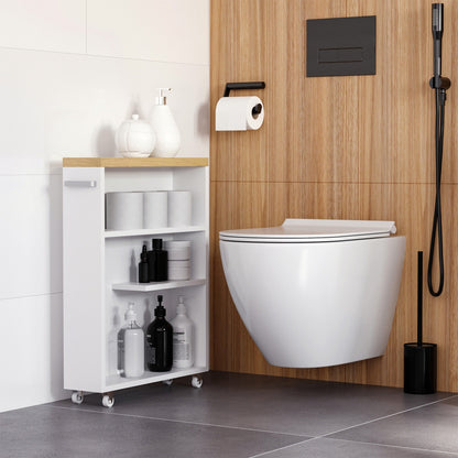 kleankin Mobiletto da bagno sottile con ruote girevoli, organizer portaoggetti e ripiani in legno per adattarsi a piccoli spazi, bianco